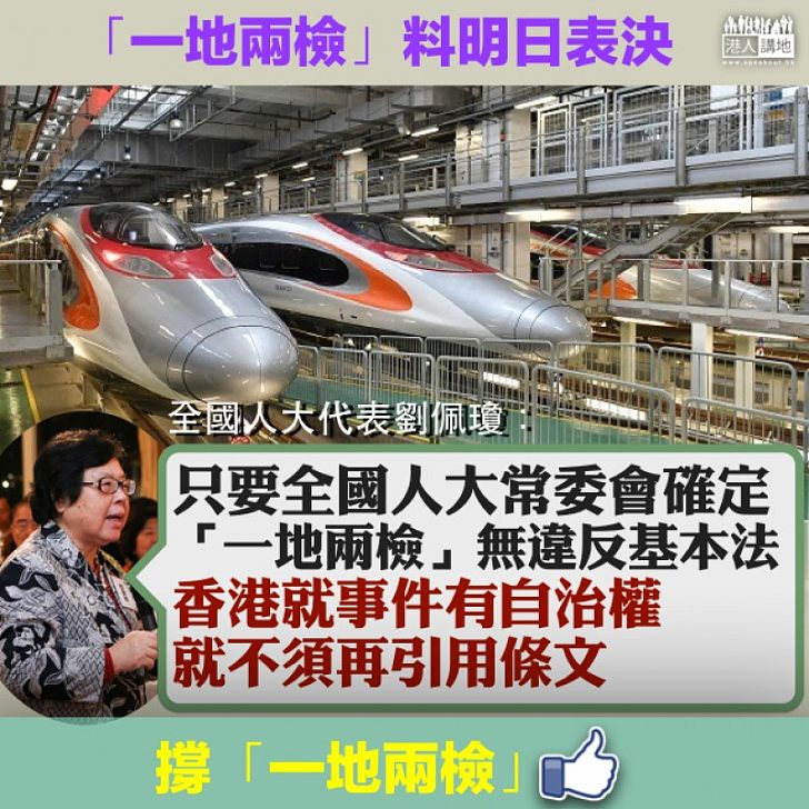 【人大明表決一地兩檢】 劉佩瓊:人大常委確定「一地兩檢」無違反基本法、香港就事件有自治權、不須再引用條文