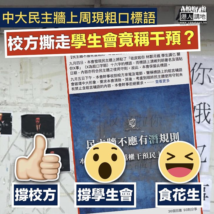 【學生操守】中大民主牆粗口標語被撕 學生會竟稱校方干預