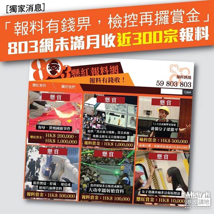 【獨家消息】【暴徒末日】「803懸紅報料網」上線不足一個月,各界反應熱烈,已收近300宗可跟進報料。行動再加碼,懸賞100萬港元追查「黑衣暴力運動」幕後運作及資金來源。