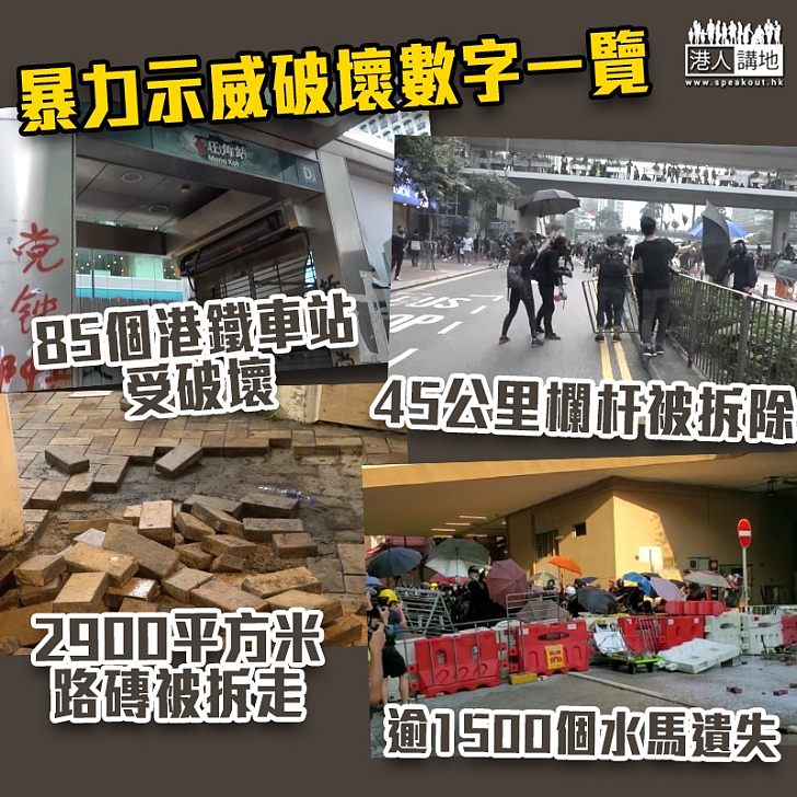 【嚴重影響】保安局:逾九成港鐵站受破壞 逾45公里欄杆被拆除