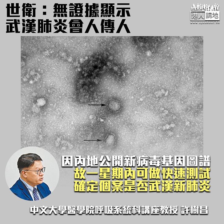 【武漢肺炎】世衛:武漢肺炎未有證據顯示人傳人 許樹昌:本港懷疑個案本周可釐清與武漢肺炎關係