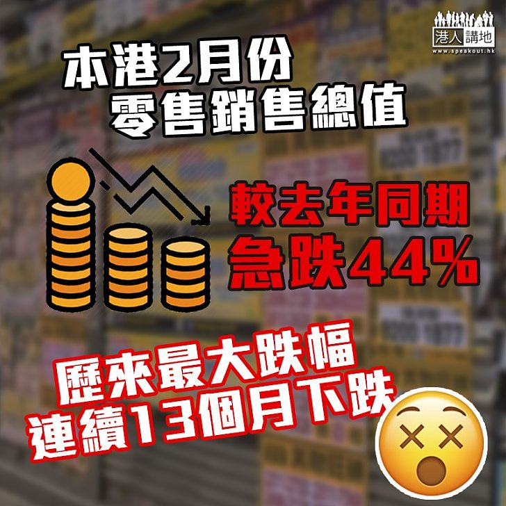 【極為嚴竣】本港2月份零售銷售總值較去年同期急跌44% 屬歷來最大跌幅 、已是連續13個月下跌