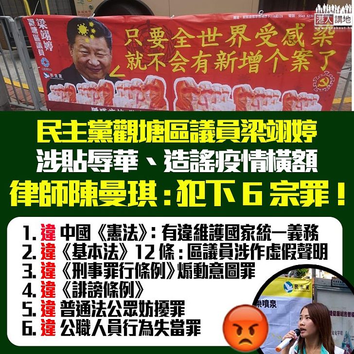 【惡貫滿盈】民主黨梁翊婷涉掛辱華橫額!如屬實將犯下6宗罪