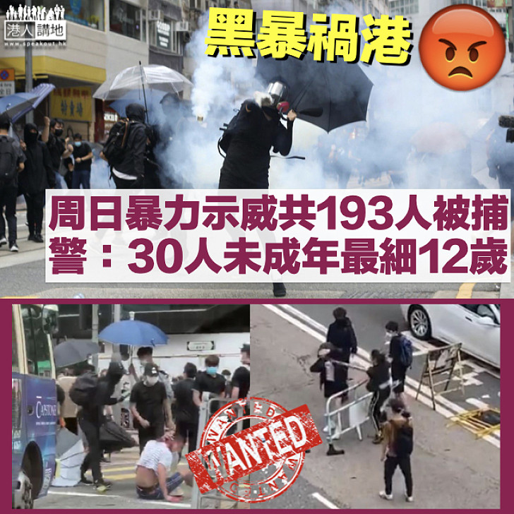 【港區國安法】周日暴力示威共193人被捕 警:30人未成年、最細僅12歲