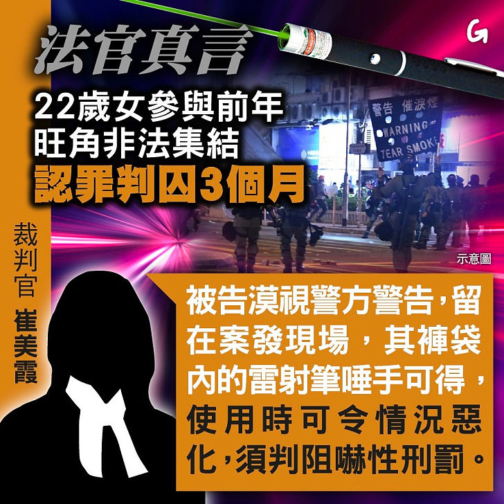 【今日網圖】法官真言：22歲女參與前年旺角非法集結 認罪判囚3個月